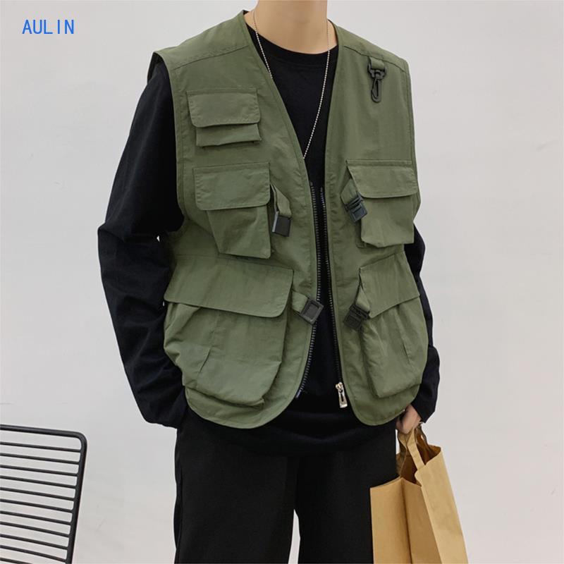 Áo Khoác Không Tay Nhiều Túi Màu Đen Có Size Lớn M-5XL Thời Trang Dành Cho Cặp Đôi