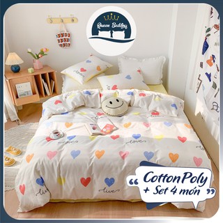 Bộ Chăn Ga Gối 2 Mặt Cotton Poly Họa Tiết Tim Nhỏ, Set 4 Món Đủ Màu