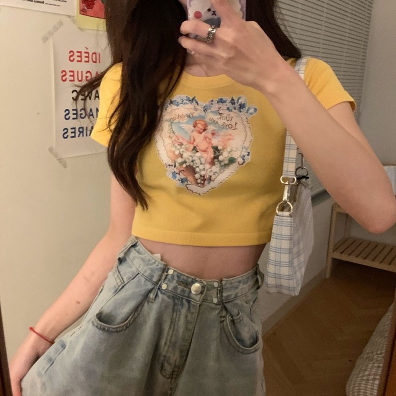 Thời trang sexy Thắt lưng cao áo thun tay ngắn của phụ nữ Áo phông rời của phụ nữ Áo phông rộng của phụ nữ Áo Thun Lửng Tay Ngắn Thời Trang Dành Cho Nữ，áo thun nữ bigsize