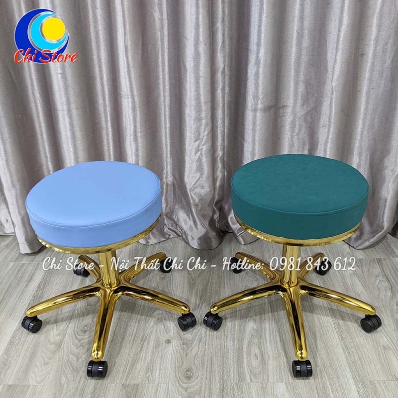 Ghế Xoay Bánh Xe Spa Cao Cấp, Ghế Đôn Hơi Phun Xăm Điều Chỉnh Cao Chân Kim Loại Mạ Vàng Gold Cực Sang