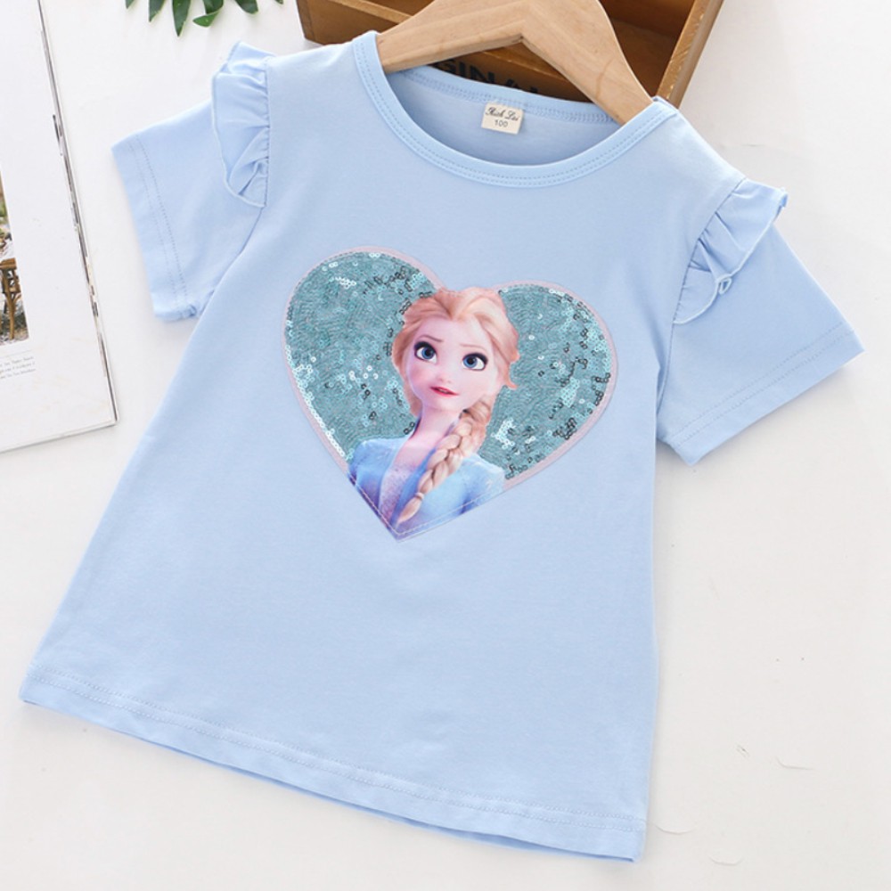 Áo thun cổ tròn tay ngắn in hình công chúa thời trang mùa hè dành cho bé gái