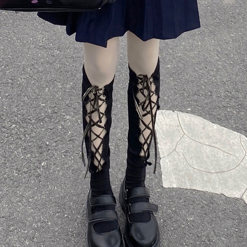 Vớ dài ngang gối thắt nơ phong cách gothic Harajuku Nhật Bản cho nữ