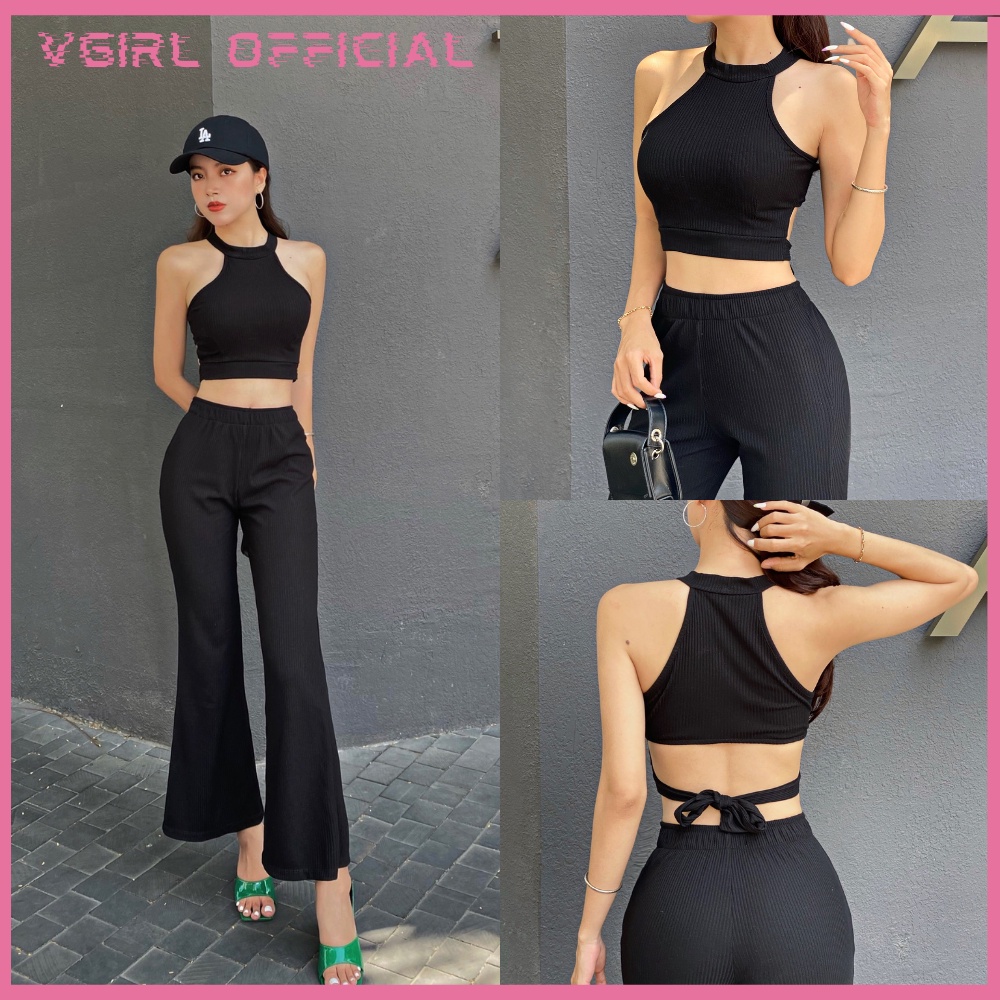 Set áo yếm quần ống loe VGIRL áo yếm cột dây, quần cạp cao, ống loe, nhiều màu siêu tây