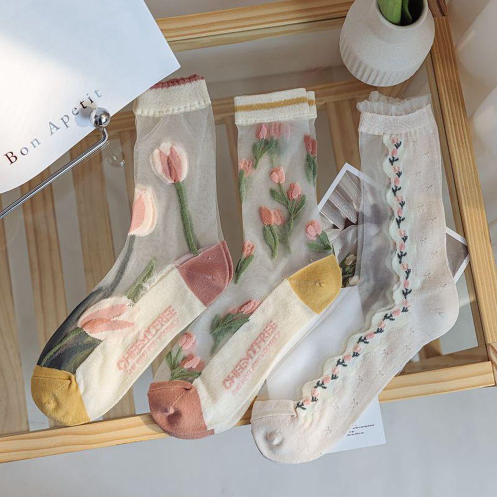Vớ Siêu Mỏng Họa Tiết Dễ Thương Cho Nữ|Tất Lưới Lụa Họa Tiết Hoa Thời Trang Xuân Hè