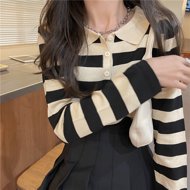 Áo thun polo IELGY dệt kim tay dài in họa tiết kẻ sọc thời trang dành cho nữ