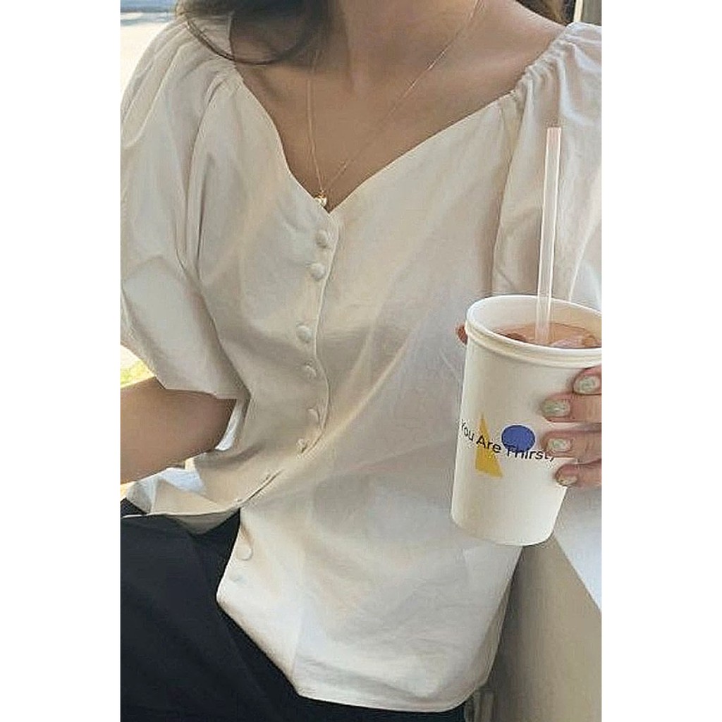 Summer French V-neck Clavicle Single-breasted Puff Sleeve Pure White Shirt Female Design Sense Salt Temperament Top