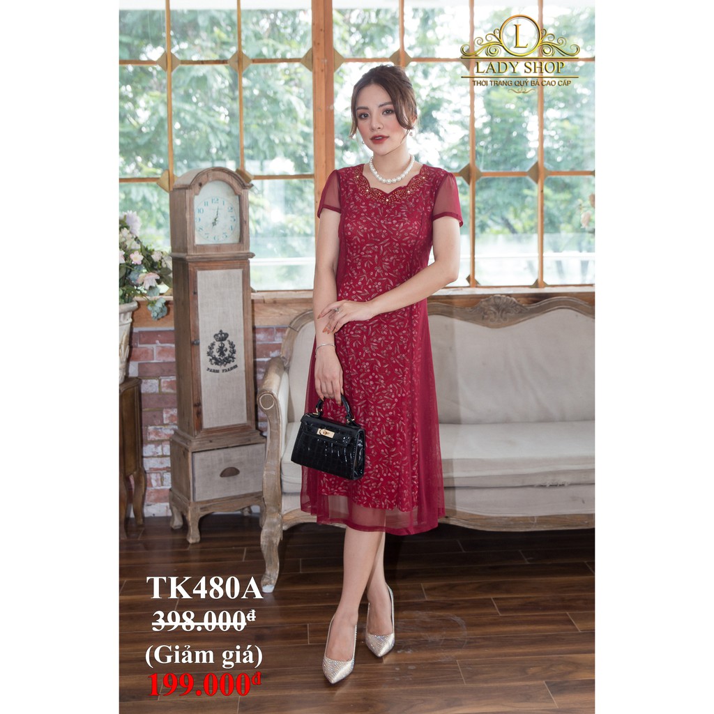 VÁY QUÝ BÀ TRUNG NIÊN CAO CẤP - LADYSHOP - Đầm 2 lớp xanh hoa dâm bụt cổ đá TK480 | BigBuy360 - bigbuy360.vn
