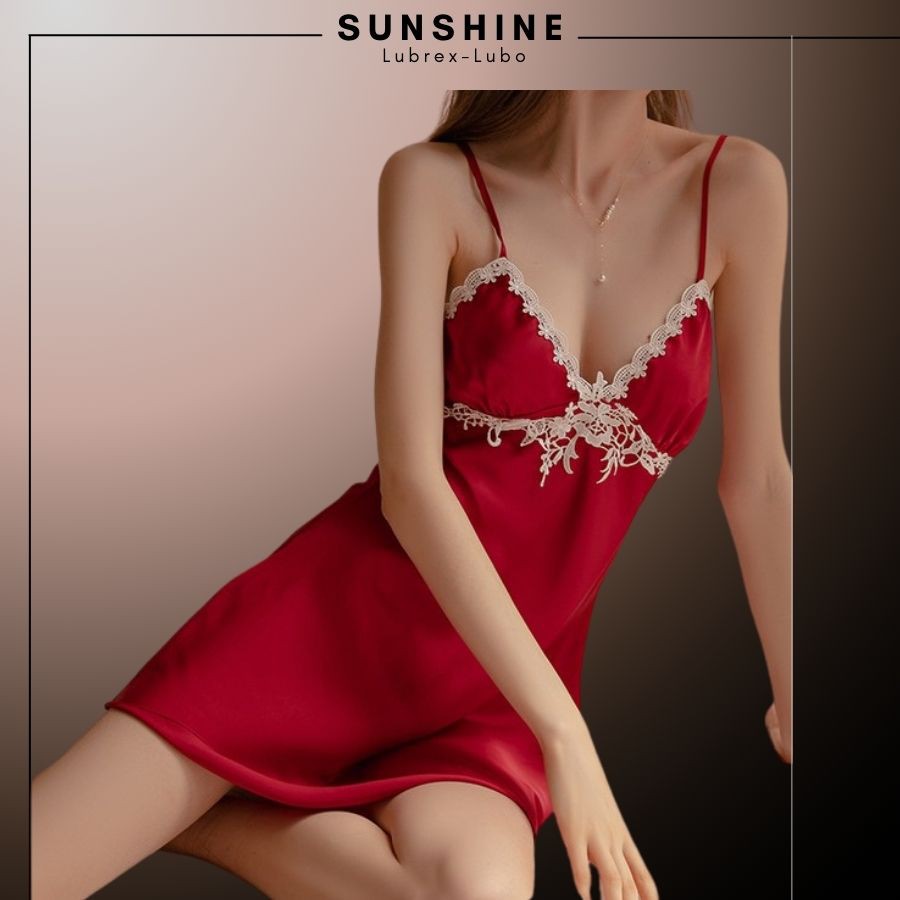 Váy Ngủ Lụa Sexy 2 Dây  Satin Phối Ren Có Mút Ngực Quyến Rũ Gợi Cảm Màu ĐỎ - SUNSHINE LUBREXLUBO -VL165