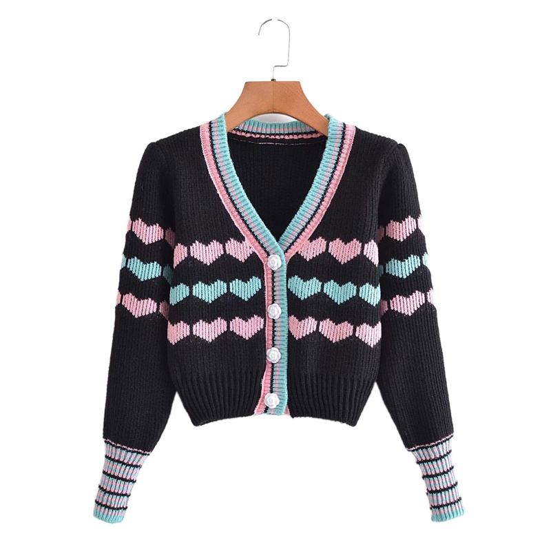 Xiangbao Áo Khoác Cardigan Dệt Kim Ngắn Cài Nút Xuống Tay Dài Hình Trái Tim Nhiều Màu Sắc Lưng Thun C