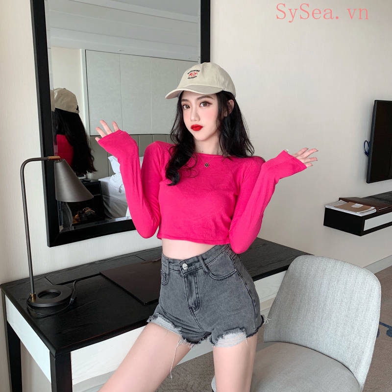 Áo croptop dệt kim tay dài thời trang Hàn Quốc