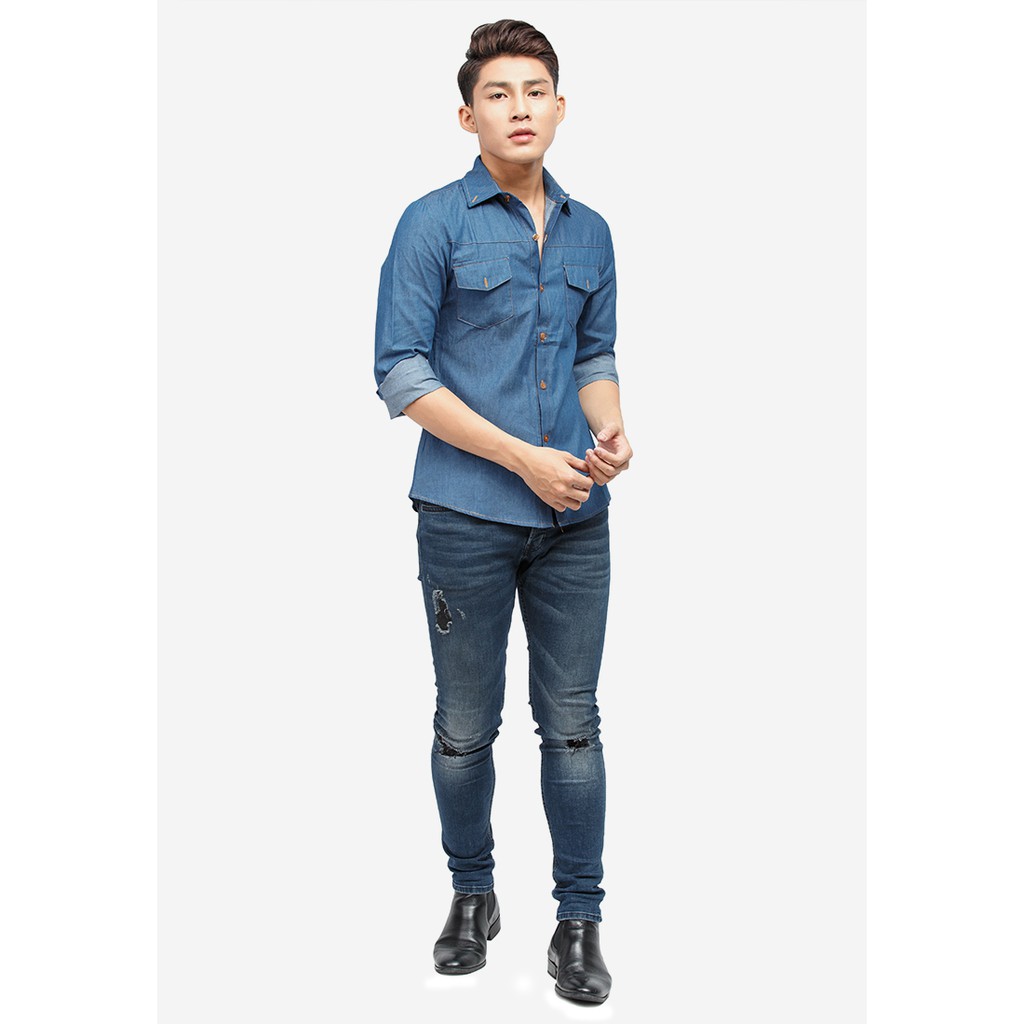 Áo sơ mi denim Titishop ADN33 xanh jean tay dài