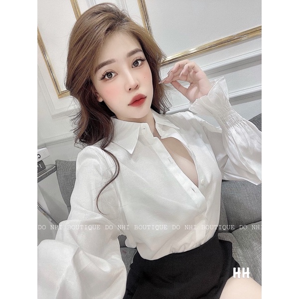 Áo sơ mi trắng chun tay áo cổ bẻ dúm tay cực xinh chất đũi tơ xước