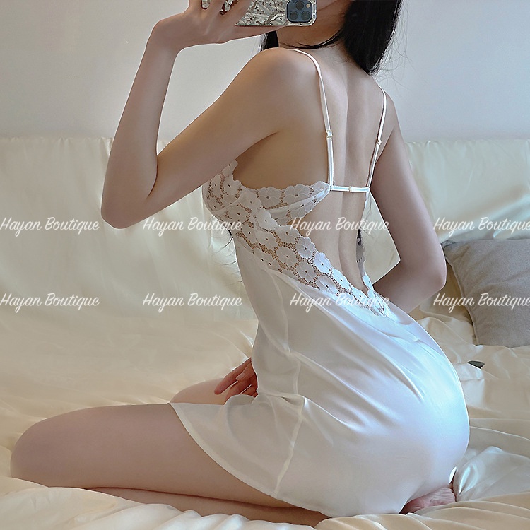 HT40 Váy ngủ sexy lụa phối ren hoa kèm ĐỆM LÓT, đồ ngủ 2 dây quyến rũ gợi cảm HT40
