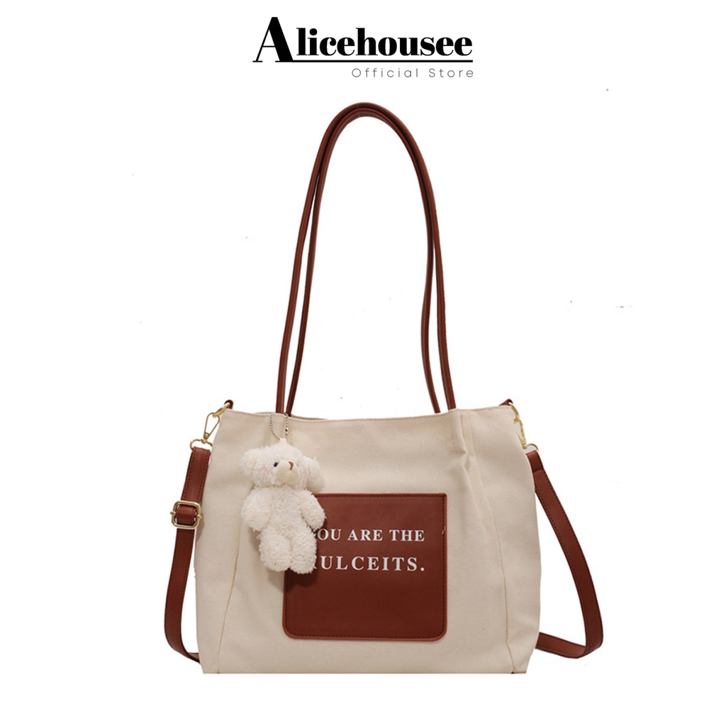 Túi vải canvas đeo chéo thời trang Alice Housee, túi tote đeo vai lớn phong cách Hàn Quốc