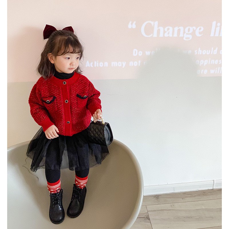 Áo khoác len cho bé gái diện tết, noel, màu đỏ cực xinh - Ambb Kids từ 1-7 tuổi (có clip, ảnh thật)