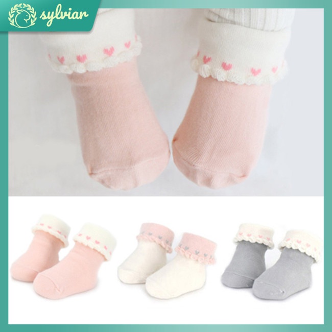Vớ Cotton Giữ Ấm Chống Trượt Phối Ren Kiểu Công Chúa Cho Bé Gái Sơ Sinh