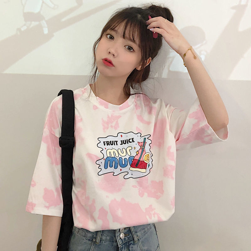 Korean women loose tie-dye T-shirt short sleeve large size