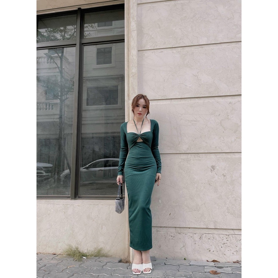[10.10 Sale Freeship] Đầm body ôm dáng cổ yếm dây rút ngực cực tôn dáng đi dạo phố dự tiệc sang chảnh sexy