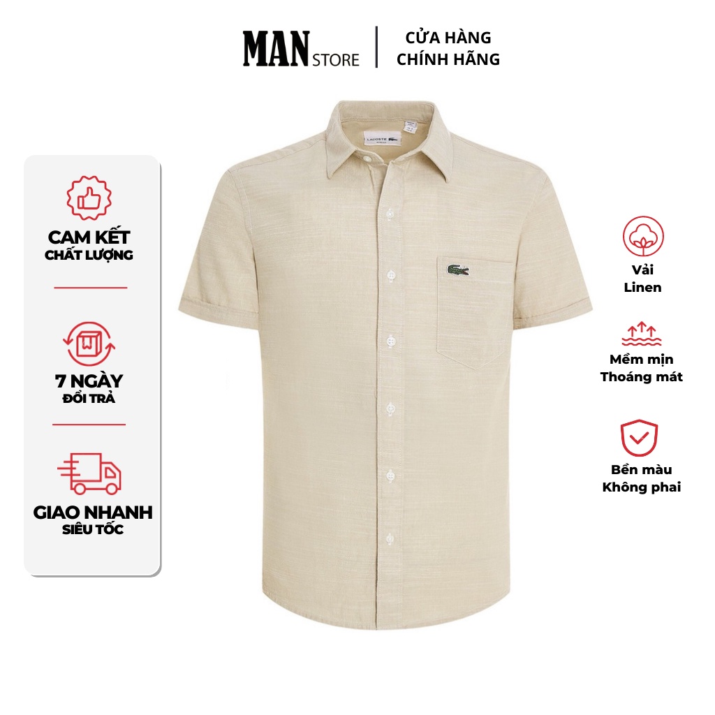 Áo sơmi nam tay ngắn Lacoste, sơ mi nam cộc tay basic, vải linen thoáng mát, form slim fit M9-16