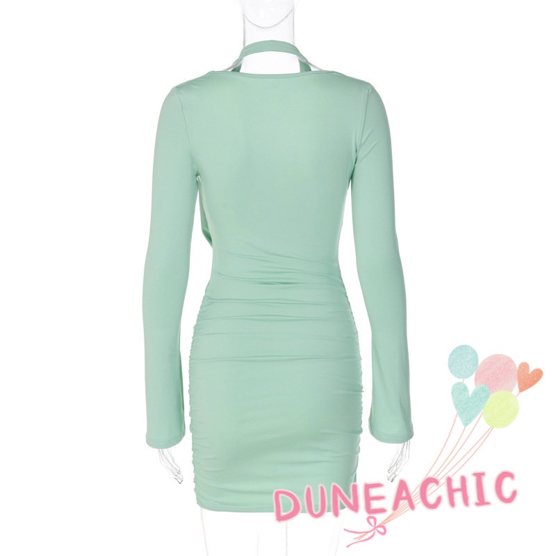 DUNEA Đầm Tay Dài Cổ Chữ V Ôm Dáng Quyến Rũ Thời Trang Dành Cho Nữ