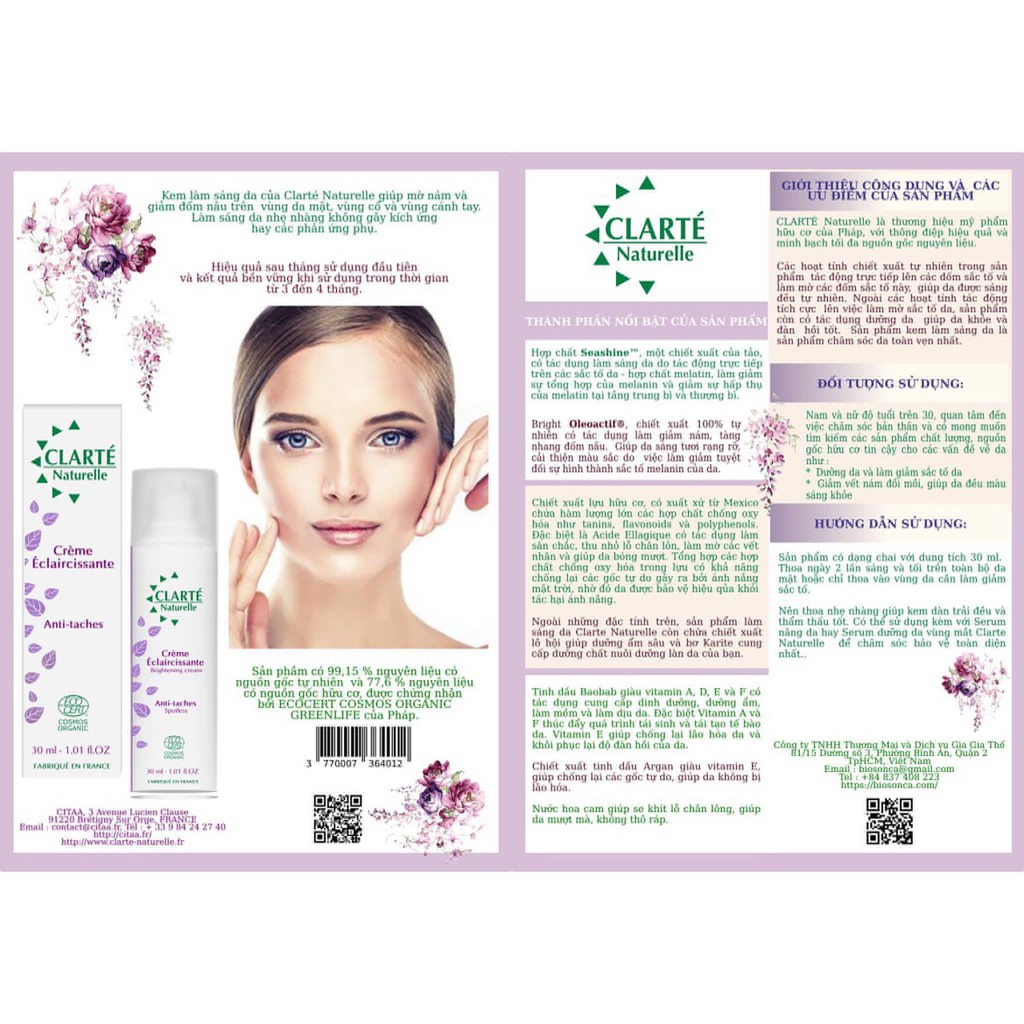 Kem dưỡng da Clarte Naturelle hữu cơ Pháp dưỡng sáng da, giảm nếp nhăn