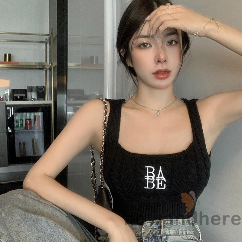 Áo Tank Top Móc Cổ Chữ U Ôm Dáng Thêu Chữ Màu Xanh Lá / Trắng / Đỏ / Đen Cho Nữ