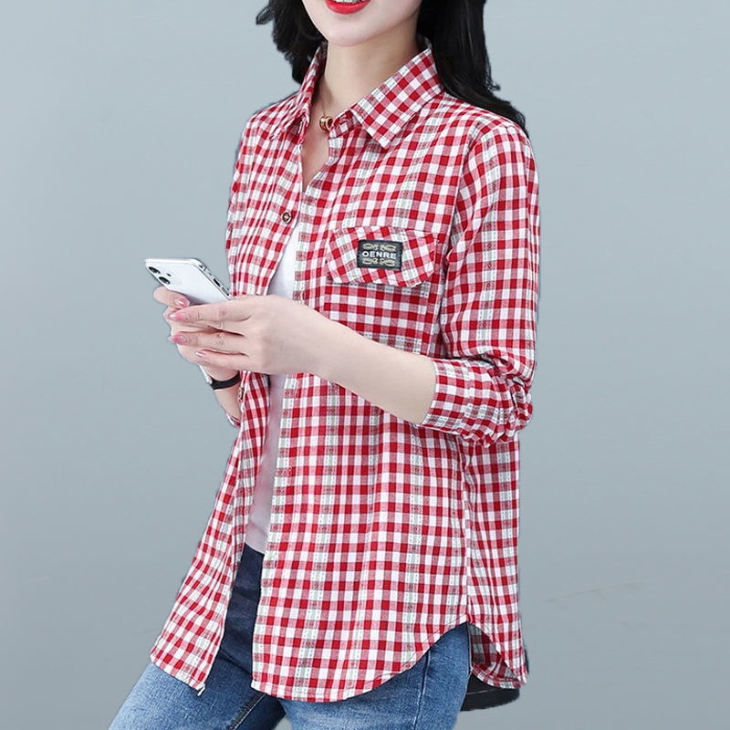 Áo Sơ Mi Ca Rô Dài Tay Dáng Rộng Cổ Điển Xuân Hè Dành Cho Nữ / Size XL-5XL