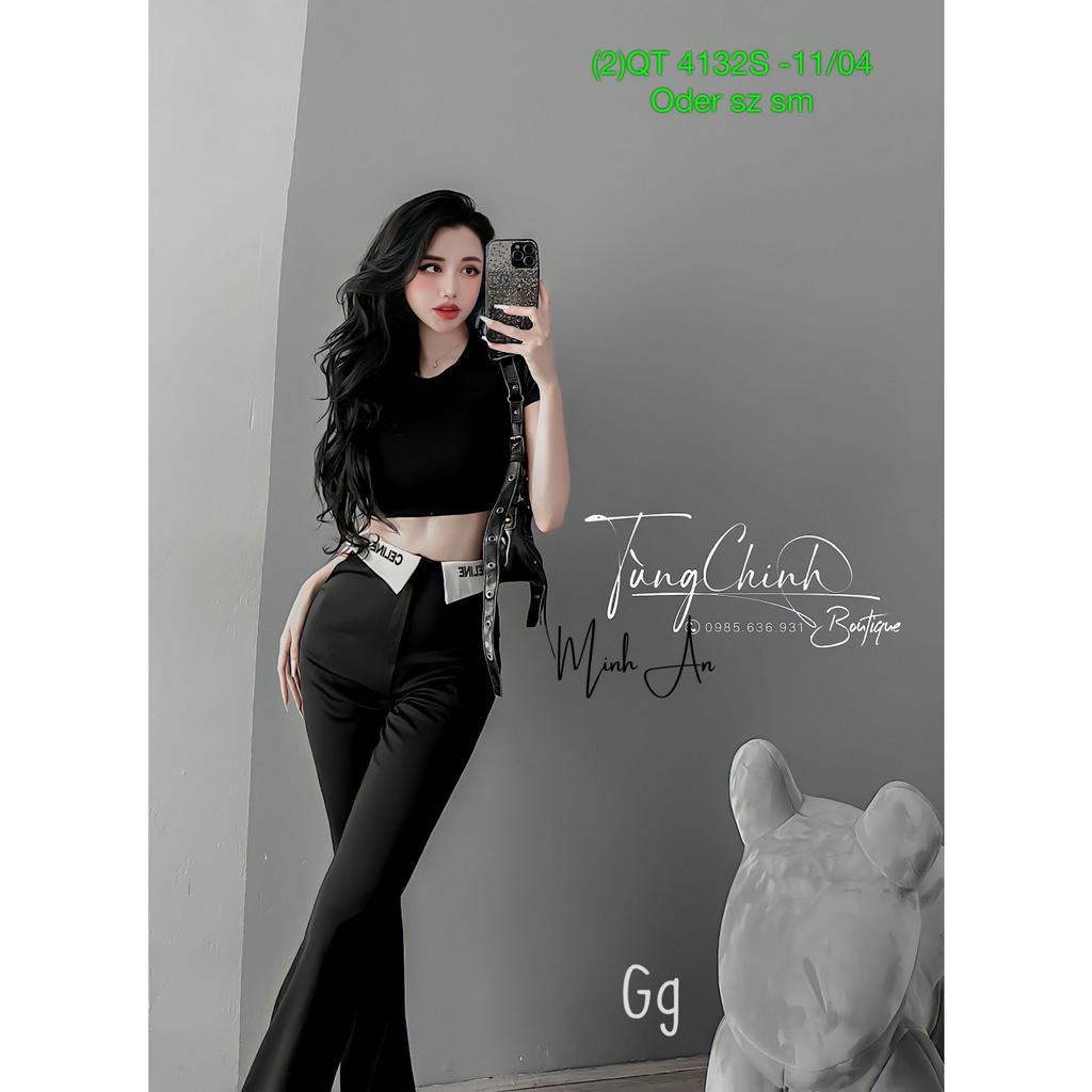 Set nữ áo thun croptop tay ngắn mix quần ống loe chất tuyết mưa dáng dài kiểu gấp lai in chữ xinh hot