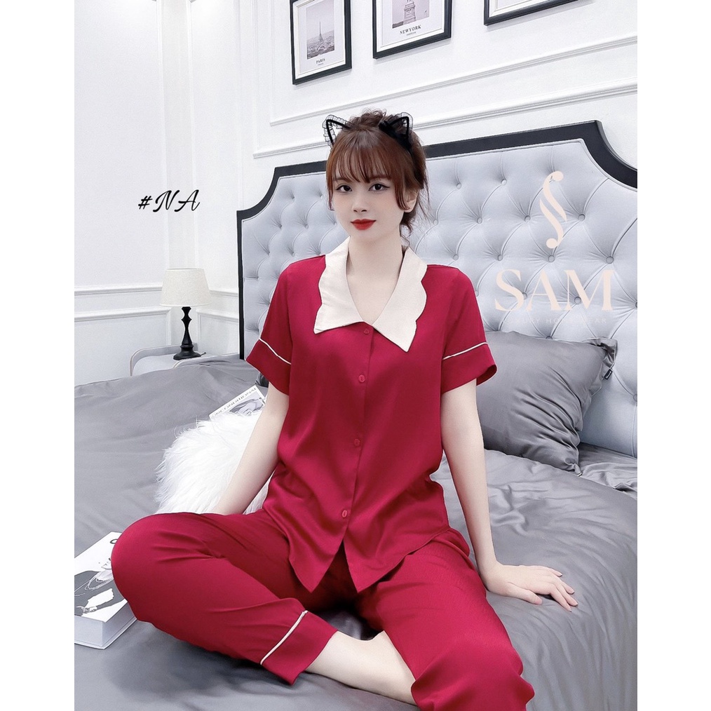 Bộ đồ Pijama mặc nhà hãng SAM cao cấp. SET đồ ngủ bizama chẩt vải lụa mềm mịn kiểu trơn đơn giản, cổ sen phối sóng