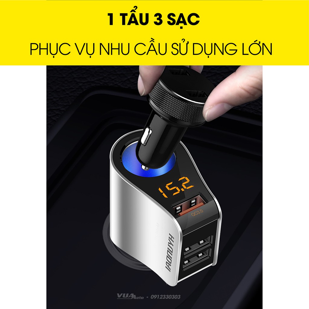 Tẩu sạc ô tô Hyundai chính hãng, 1 đầu tẩu sạc nhanh ổn định và 3 cổng USB, đèn led báo hiệu điện áp ắc quy tiện lợi