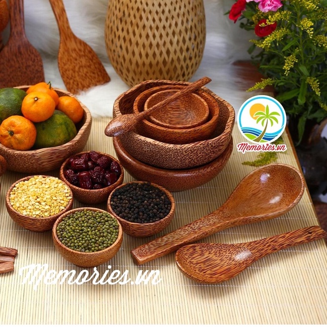 Bộ Dụng Cụ Nhà Bếp Bằng Gỗ Dừa (Chén/Muỗng Cà Phê/Nĩa/10 Đôi Đũa/Vá Cơm/Sạn Xào) - Nghệ thuật trang trí Memories.vn