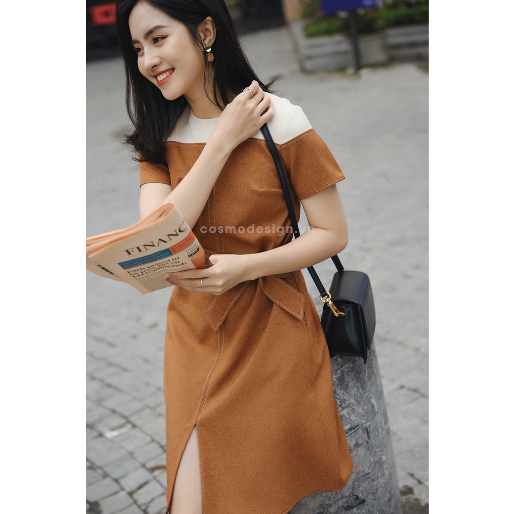 Váy suông thiết kế COSMO Design kèm thắt lưng nơ màu sắc thanh lịch 6934