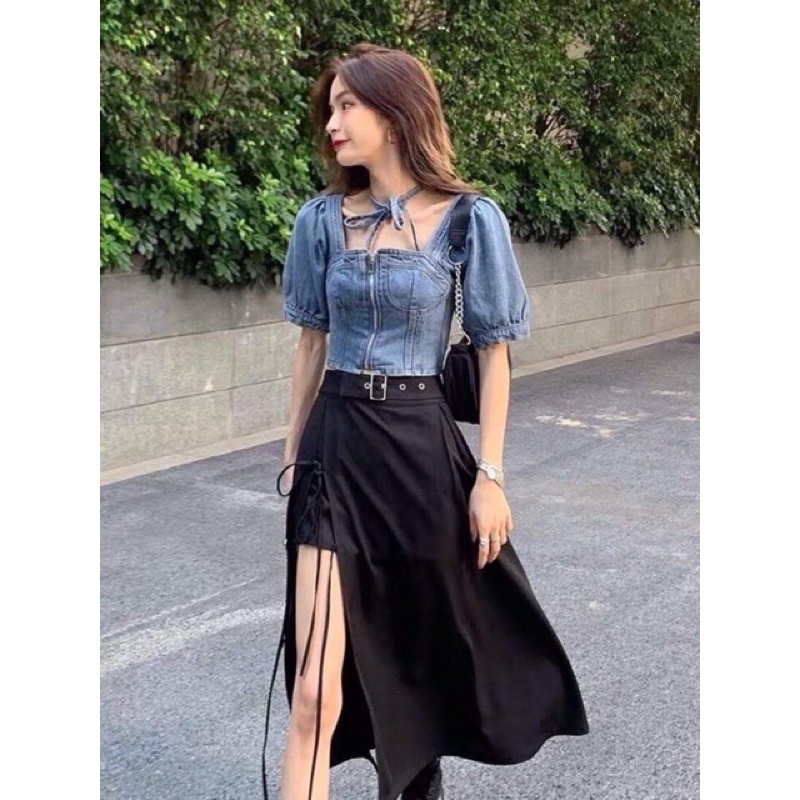 Chân váy xẻ tà kèm đai hot trend tik tok