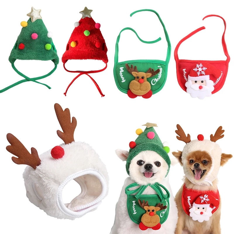 Bộ Nón + Khăn Choàng Cổ + Khăn Choàng Cổ Hóa Trang Ông Già Noel / Tuần Lộc Cho Thú Cưng