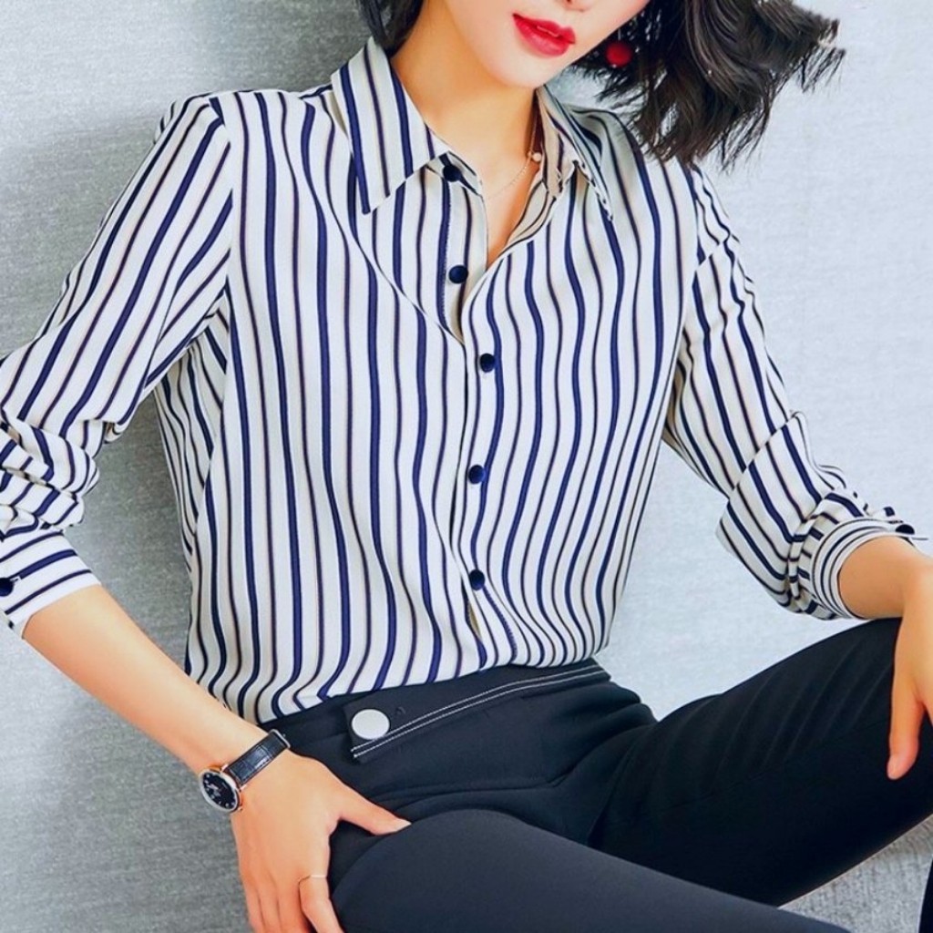 Áo Sơ Mi Công Sở Nữ Dài Tay Phối Sọc 3D Mẫu H882 Thời Trang PONIVA Cao Cấp Thiết Kế Duyên Dáng Nữ Tính