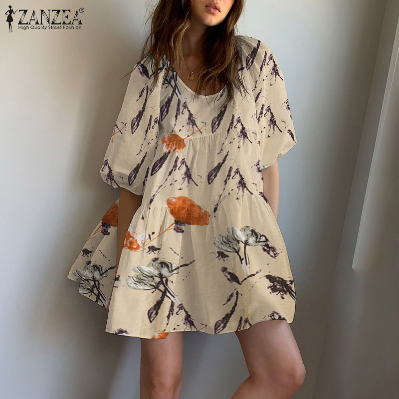 Đầm mini ZANZEA tay ngắn cổ tròn in họa tiết hoa thời trang cho nữ