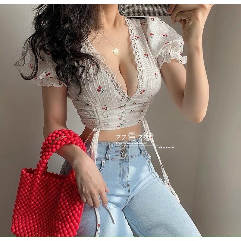 Áo CropTop Kiểu Rút Dây In Cherry  ( Kèm hình thật )