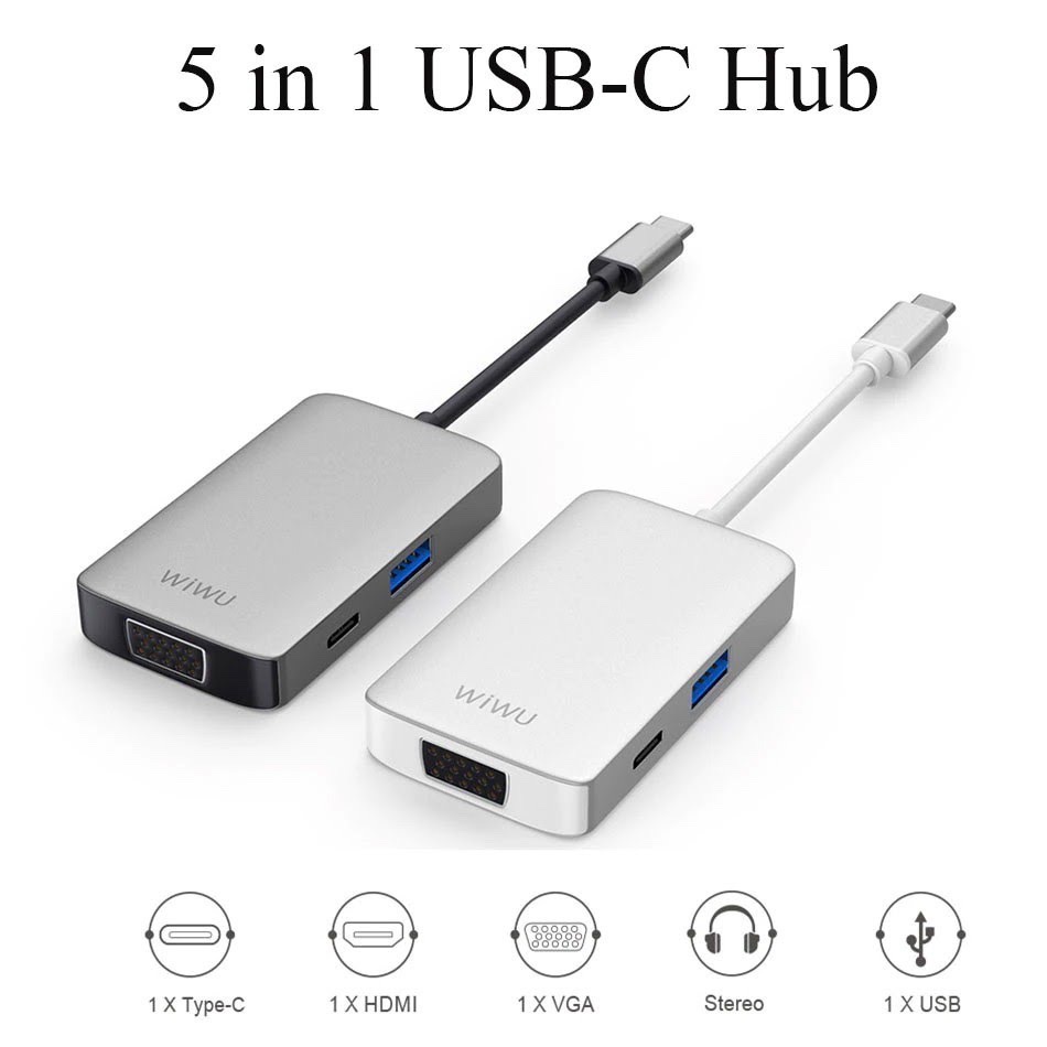 CỔNG CHUYỂN WIWU 5IN1 ALPHA USB-C Hub A513HVP HDMI 4K VGA USB 3.0 Jack 3.5mm PD 87W - Hàng chính hãng
