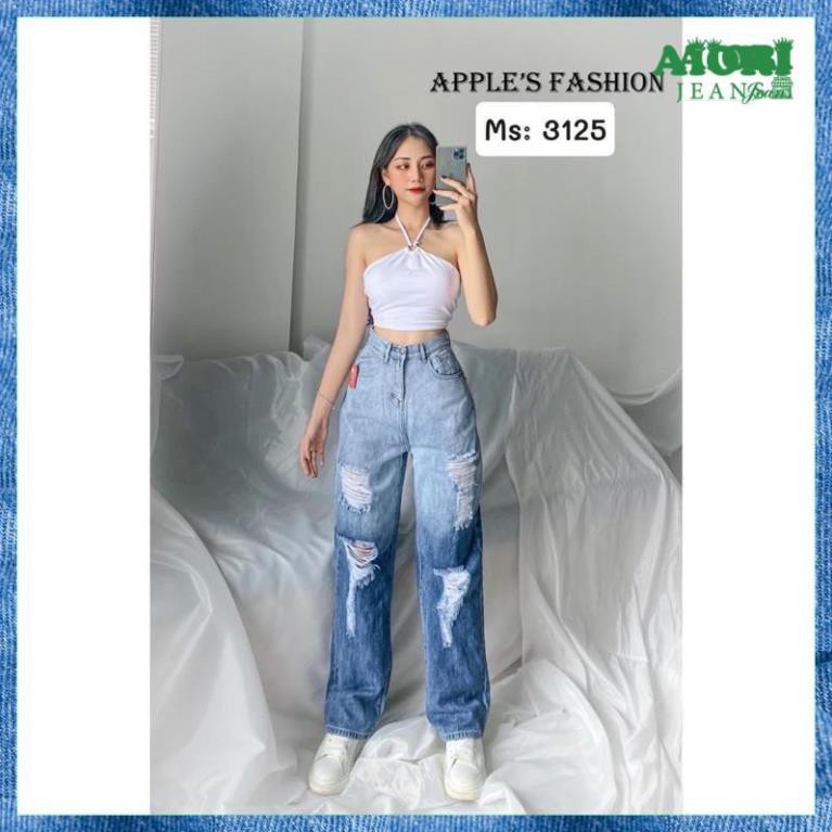 Quần Jeans Nữ - Quần Suông Jeans Ống Rộng Rách Kiểu Loang Màu Cực Đẹp, Chất Jeans Cotton Mềm Mịn, Thoáng Mát