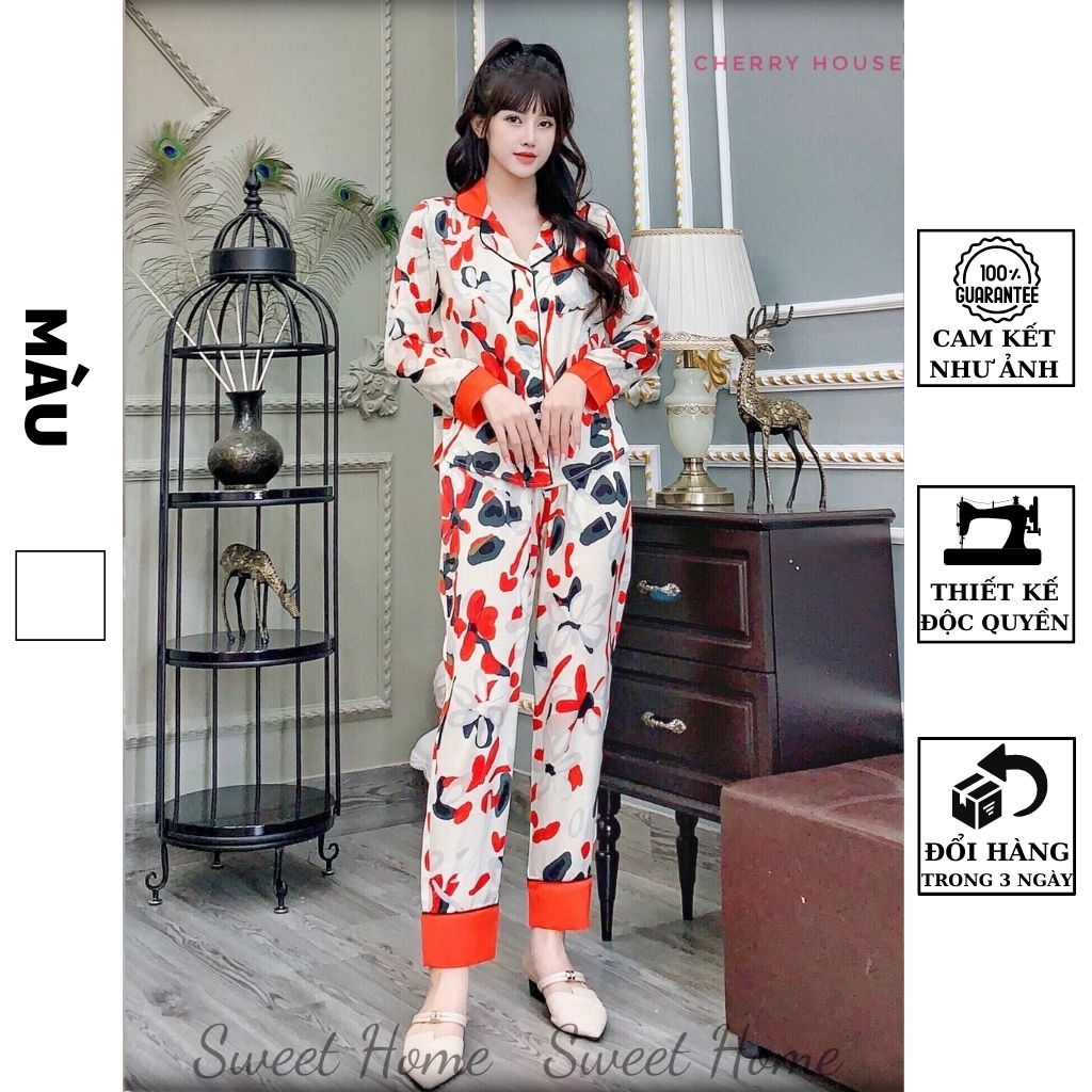 Đồ Bộ Pijama Lụa Hàn cao Cấp Mặc Nhà Phối Cổ Sen Mát Mẻ Thoải Mái D12 SWEET HOME