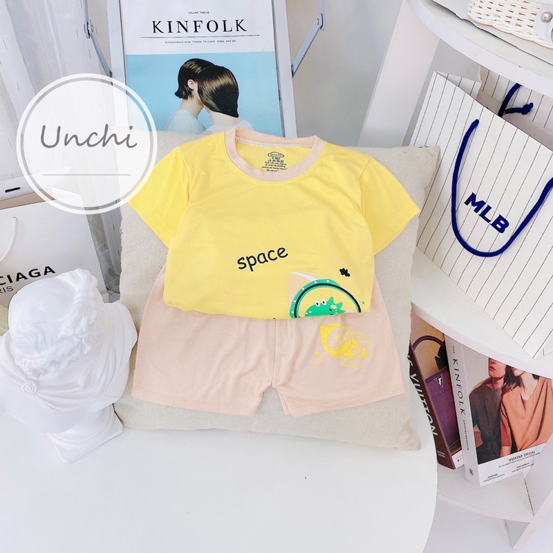 Bộ quần áo cộc tay chui cổ mùa hè vải thun lạnh phối màu Unchi bé trai 6-16kg