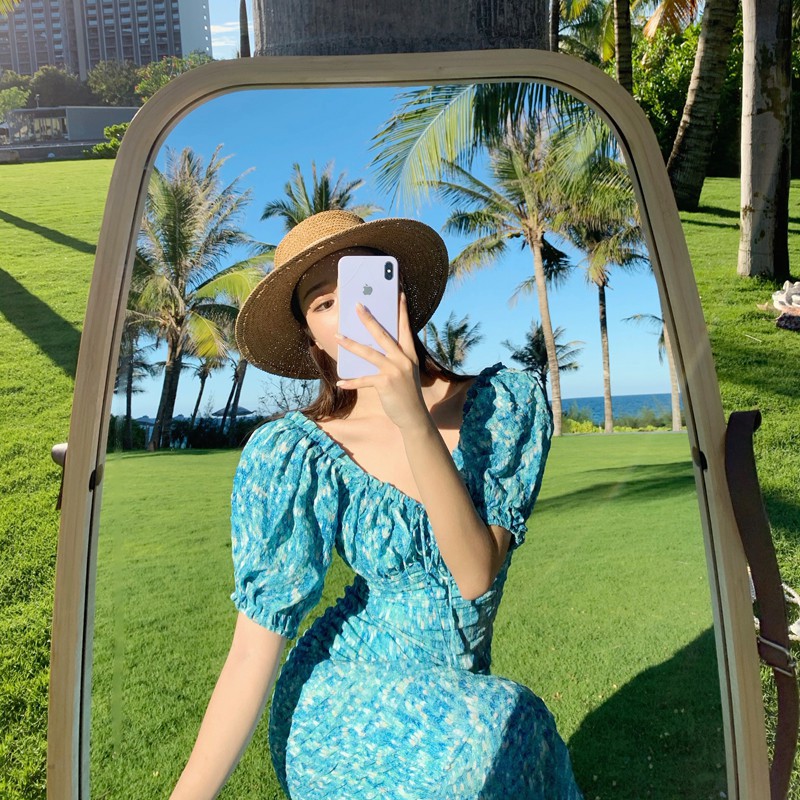 Đầm dài trễ vai hoa xanh cực xinh - Hàng Quảng Châu cao cấp - Ngân Dali | BigBuy360 - bigbuy360.vn