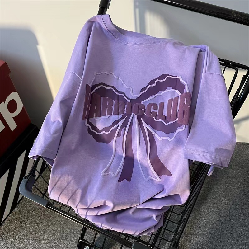 Áo thun ZHELIHANGFEI tay ngắn dáng rộng in họa tiết nơ phong cách Mỹ độc đáo thời trang