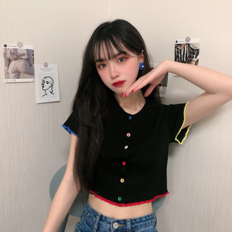 Áo croptop ôm len dệt kim tay ngắn viền màu sắc 2 màu Ulzzang