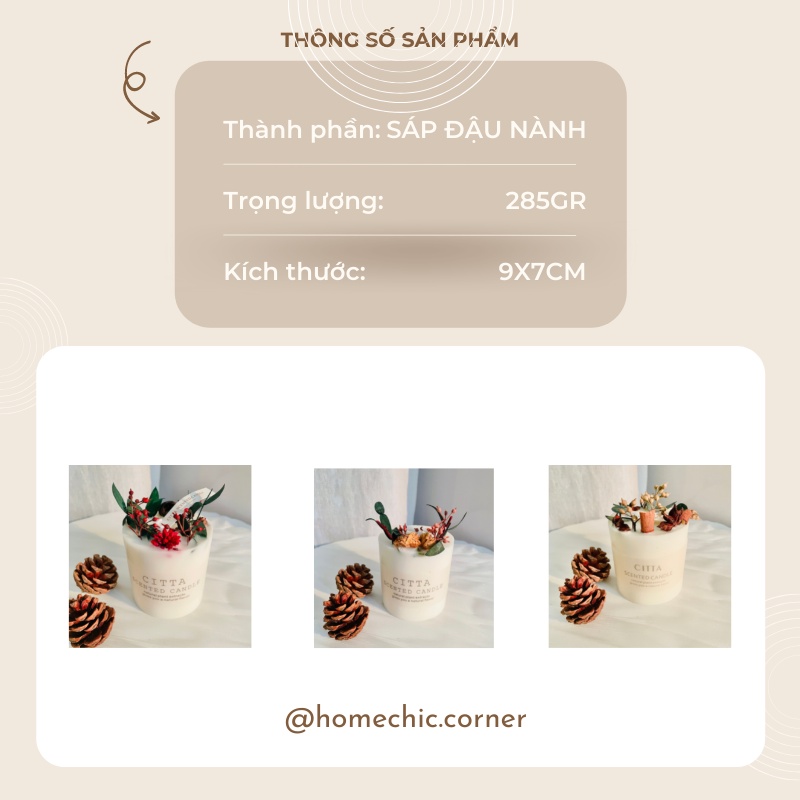 Nến thơm Citta nến thơm hoa khô handmade cao cấp được làm từ sáp đậu nành tự nhiên | HOME CHIC CORNER