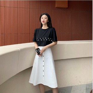 Chân váy tầng Ullzang trắng cúc đen