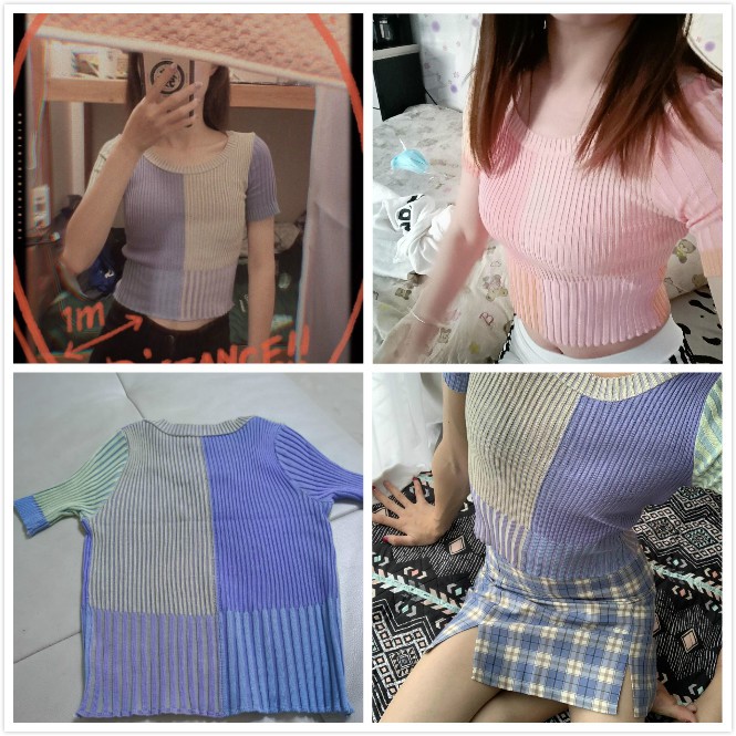Áo Croptop Ngắn Tay Ôm Dáng Phối Màu Cầu Vồng Xinh Xắn Dành Cho Nữ