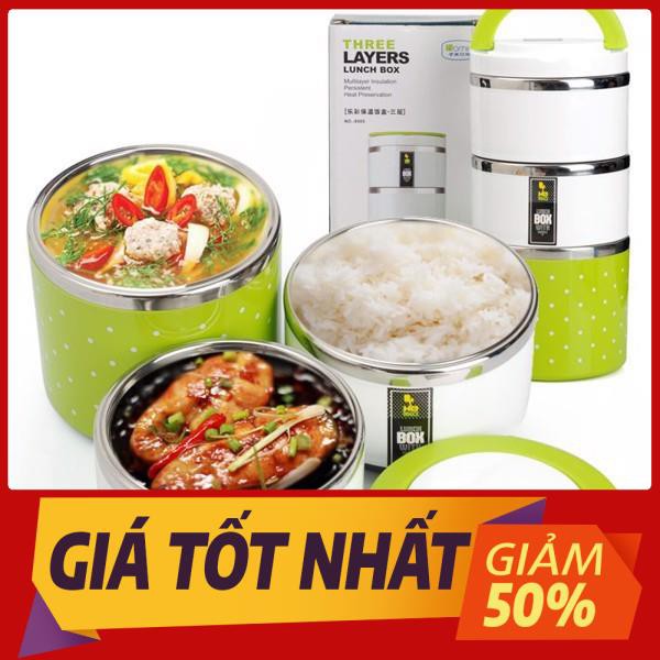 Hộp Đựng Cơm 3 Tầng Giữ Nhiệt Chấm Bi Ruột Inox - camen đụng cơm