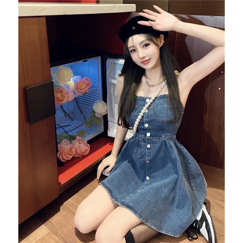 Đầm Denim Sát Nách Hở Vai Thời Trang Mùa Hè Quyến Rũ Cho Nữ