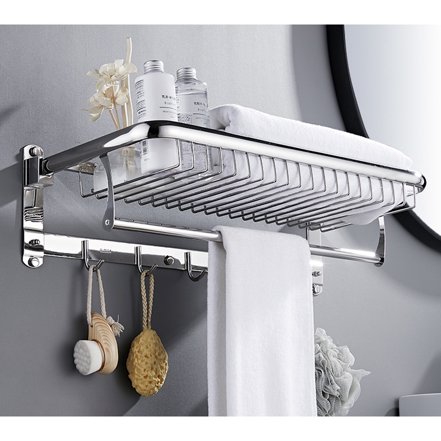 Kệ treo khăn nhà tắm inox 304 cao cấp B09 - Giá treo khăn nhà tắm đa năng gấp gọn - Kệ để xà bông phòng tắm inox 304